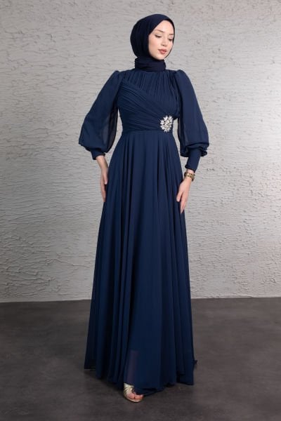 Sol Beli Işıltılı Motif Çiçek İşlemeli Şifon Tesettür Abiye Lacivert