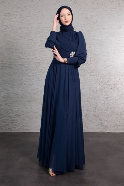 Sol Beli Işıltılı Motif Çiçek İşlemeli Şifon Tesettür Abiye Lacivert