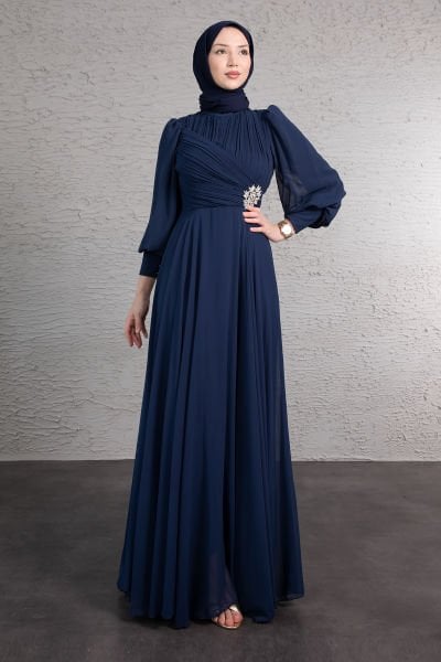 Sol Beli Işıltılı Motif Çiçek İşlemeli Şifon Tesettür Abiye Lacivert