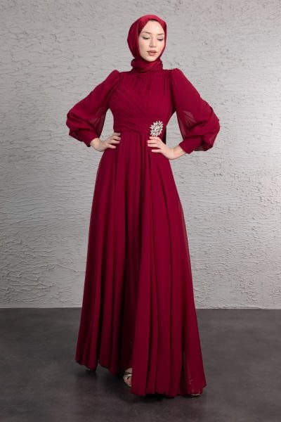Sol Beli Işıltılı Motif Çiçek İşlemeli Şifon Tesettür Abiye Bordo