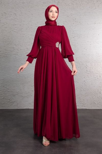 Sol Beli Işıltılı Motif Çiçek İşlemeli Şifon Tesettür Abiye Bordo