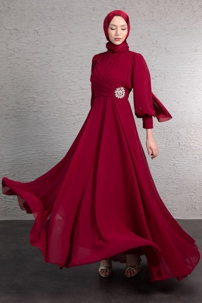 Sol Beli Işıltılı Motif Çiçek İşlemeli Şifon Tesettür Abiye Bordo