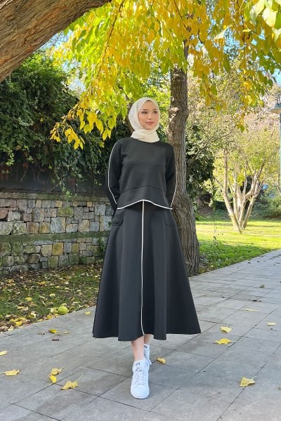 İnce Şeritli Çizgili Scuba Tesettür Takım Siyah