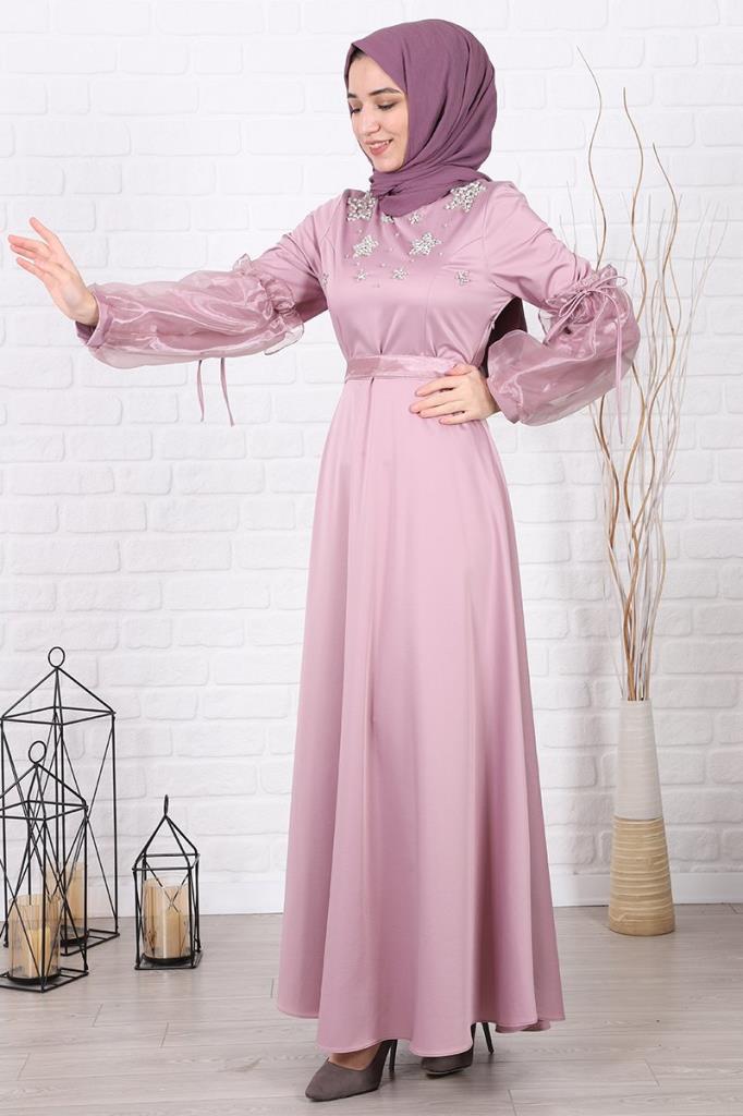 Taş İşlemeli Kol Detaylı Tesettür Abiye Pembe