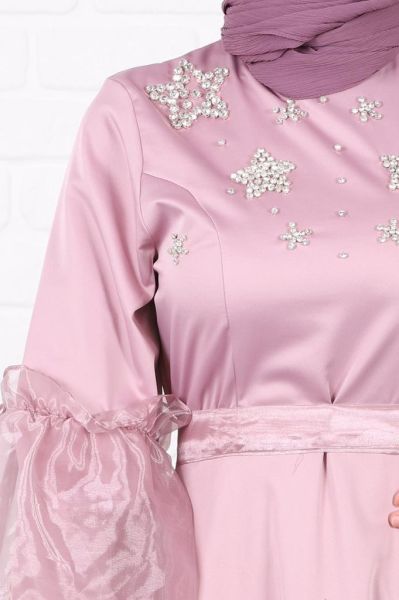 Taş İşlemeli Kol Detaylı Tesettür Abiye Pembe