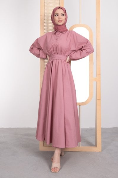 Gömlek Yaka Düğmeli Kloş Tesettür Elbise Pembe
