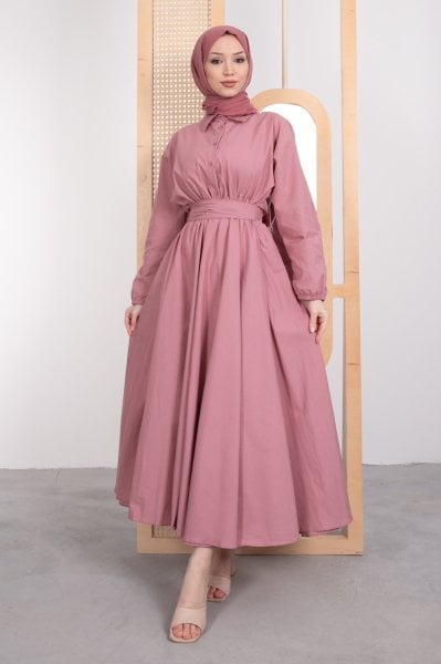 Gömlek Yaka Düğmeli Kloş Tesettür Elbise Pembe