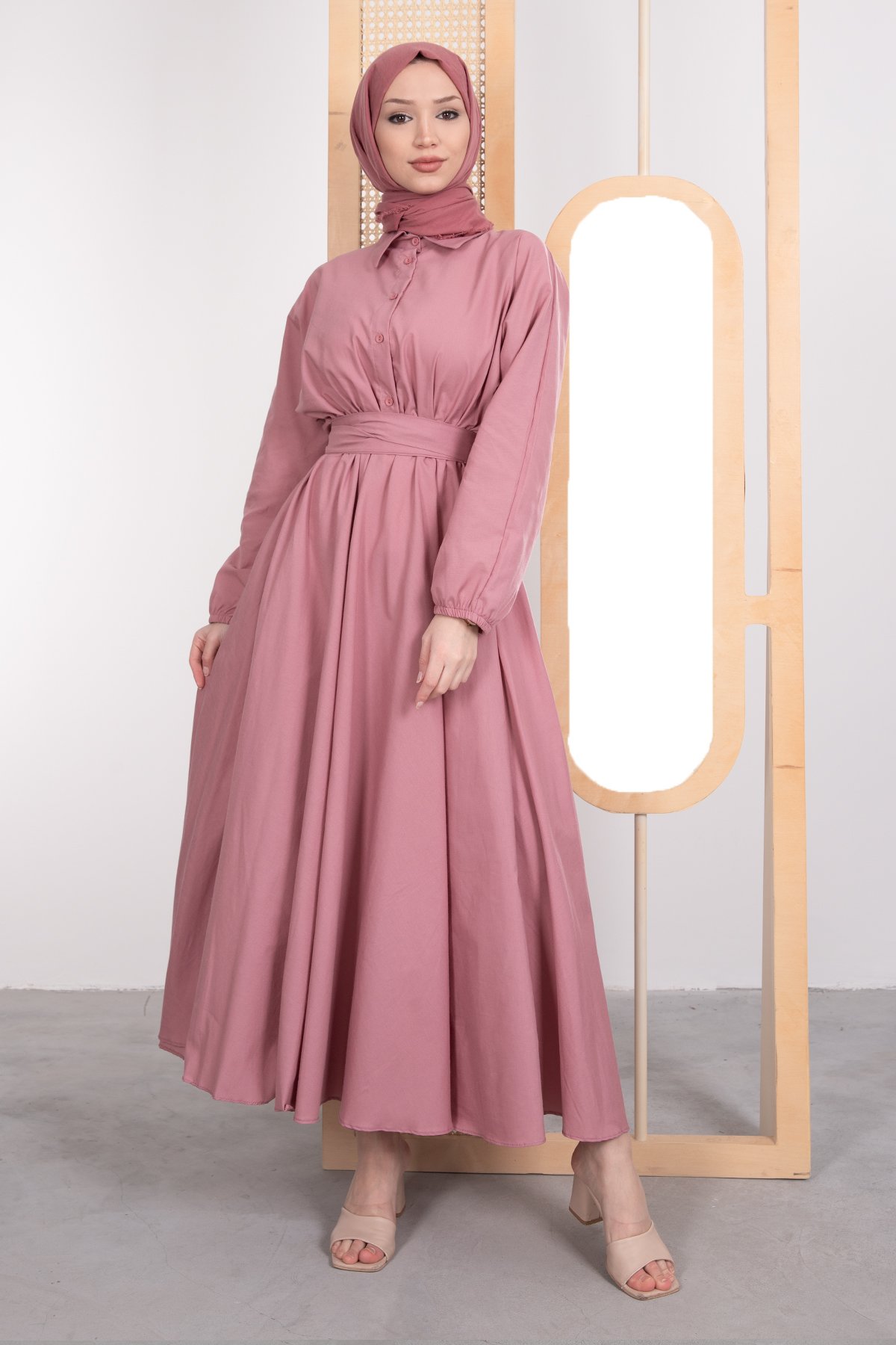 Gömlek Yaka Düğmeli Kloş Tesettür Elbise Pembe