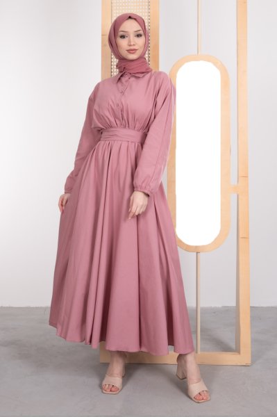 Gömlek Yaka Düğmeli Kloş Tesettür Elbise Pembe