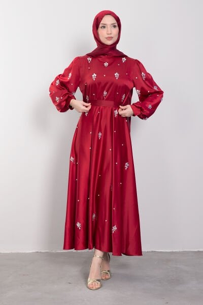 Kristal Etnik Motif İşlemeli Saten Tesettür Abiye Bordo