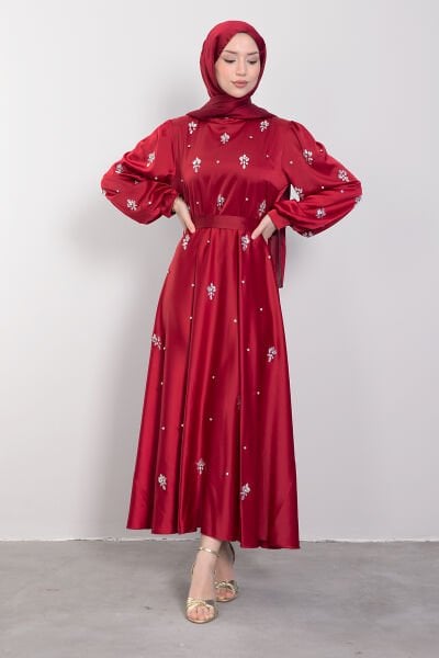 Kristal Etnik Motif İşlemeli Saten Tesettür Abiye Bordo
