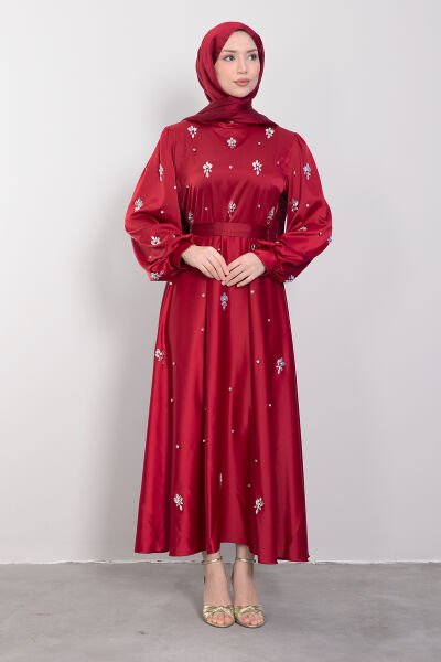 Kristal Etnik Motif İşlemeli Saten Tesettür Abiye Bordo
