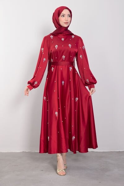 Kristal Etnik Motif İşlemeli Saten Tesettür Abiye Bordo