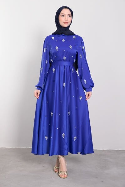 Kristal Etnik Motif İşlemeli Saten Tesettür Abiye Saks