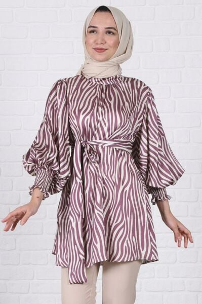 Zebra Desenli Balon Kol Tunik Mor