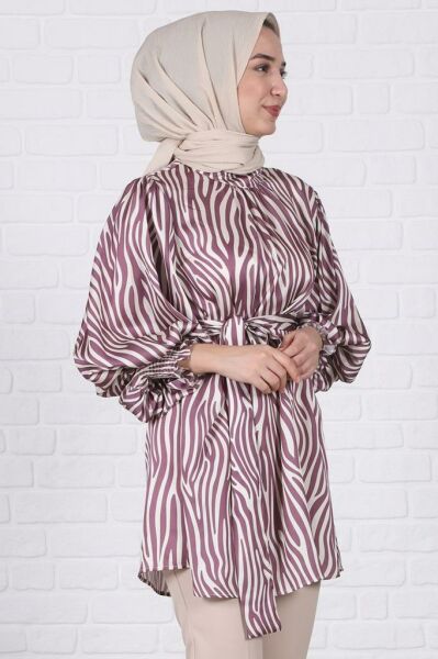 Zebra Desenli Balon Kol Tunik Mor