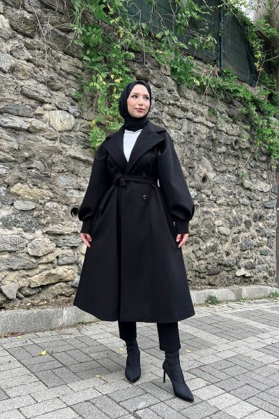 Kolları Balon Kesim Rahat Kalıp Tesettür Kaşe Kaban Siyah