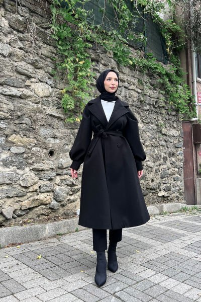 Kolları Balon Kesim Rahat Kalıp Tesettür Kaşe Kaban Siyah
