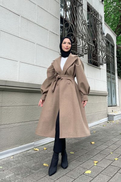 Kolları Balon Kesim Rahat Kalıp Tesettür Kaşe Kaban Vizon