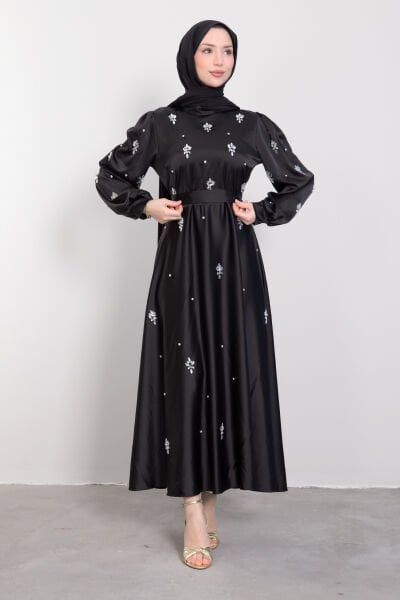 Kristal Etnik Motif İşlemeli Saten Tesettür Abiye Siyah